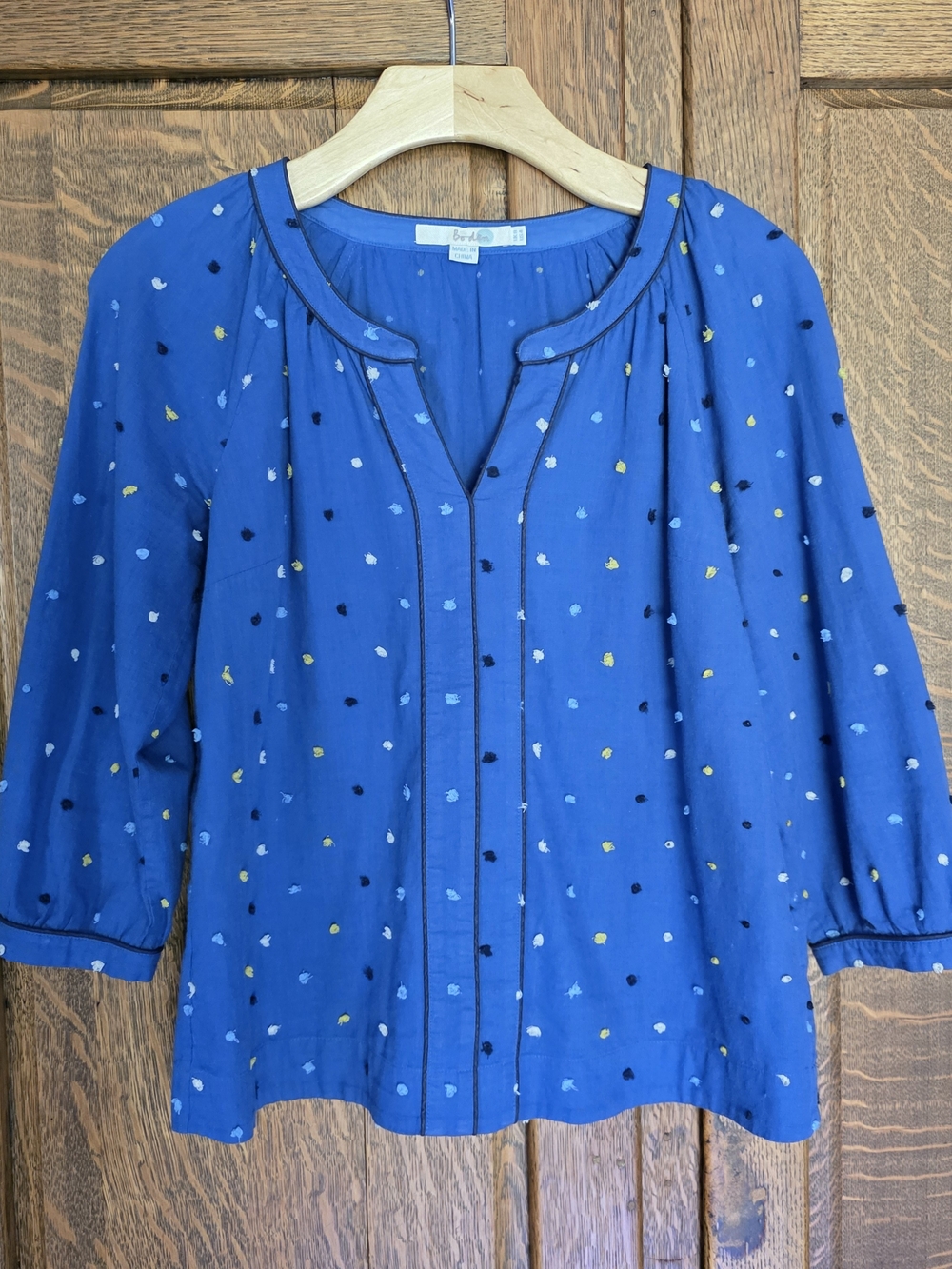 Boden Blue Poplin Tunic Smock Top Multicolor Clip Dots Dots 3/4 Sleeve - US 4